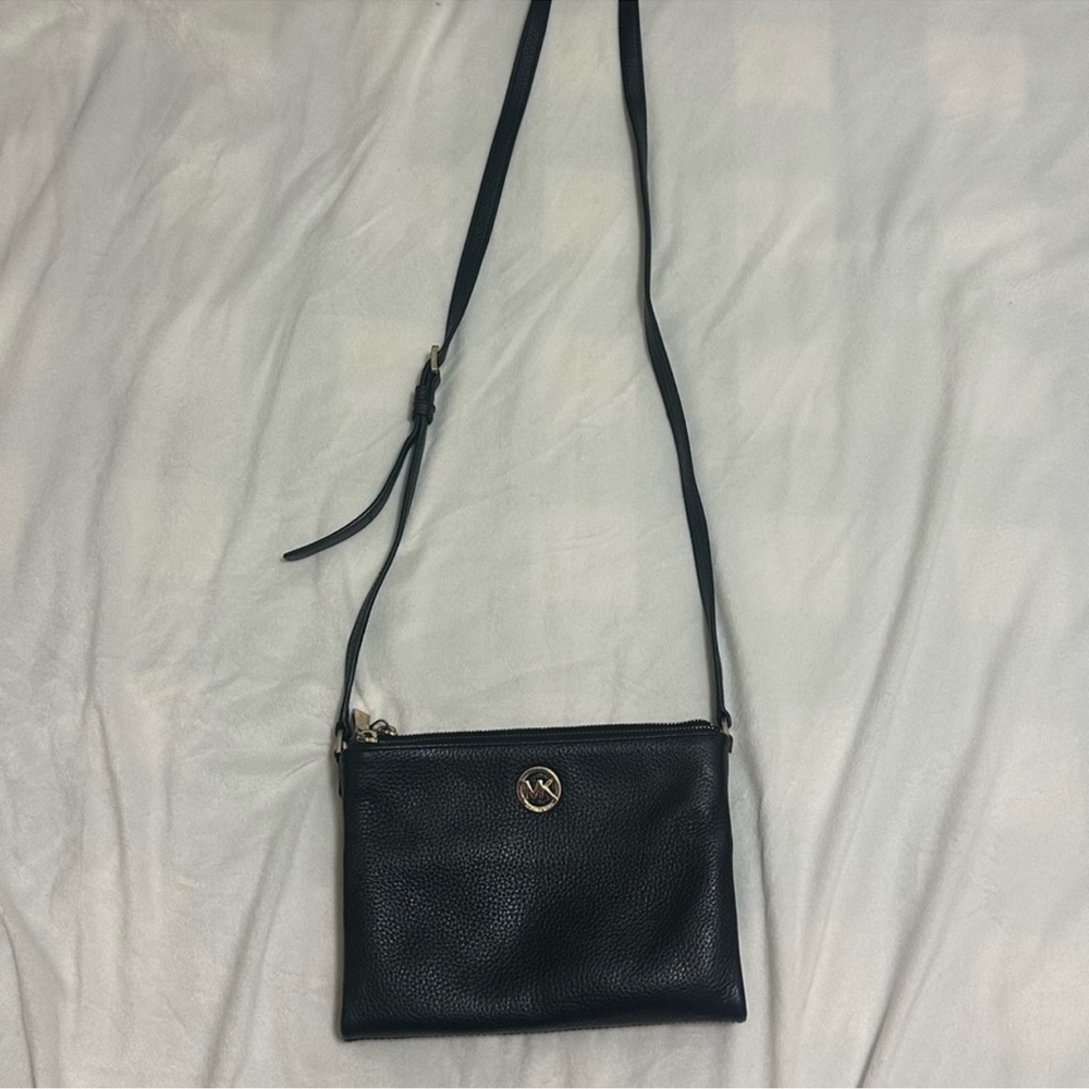 Michael Kors Black Leather Crossbody Bag with Gold Logo
